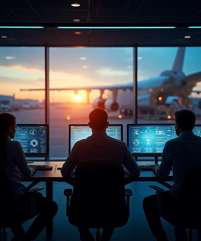 Modern logistics hub with high-tech tracking screens and busy cargo loading